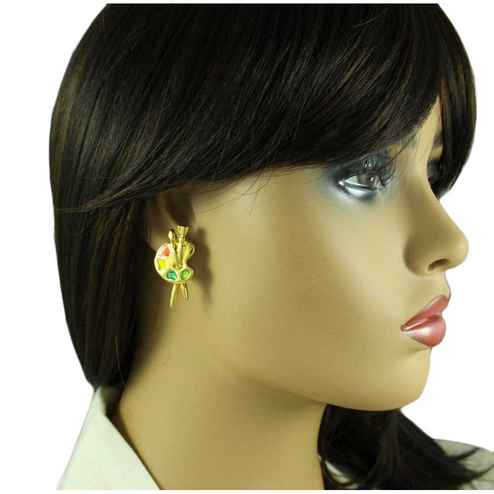 Gold Artist Palette with Colorful Paint Blobs Clip Earring - PRF908E - Lilylin Designs