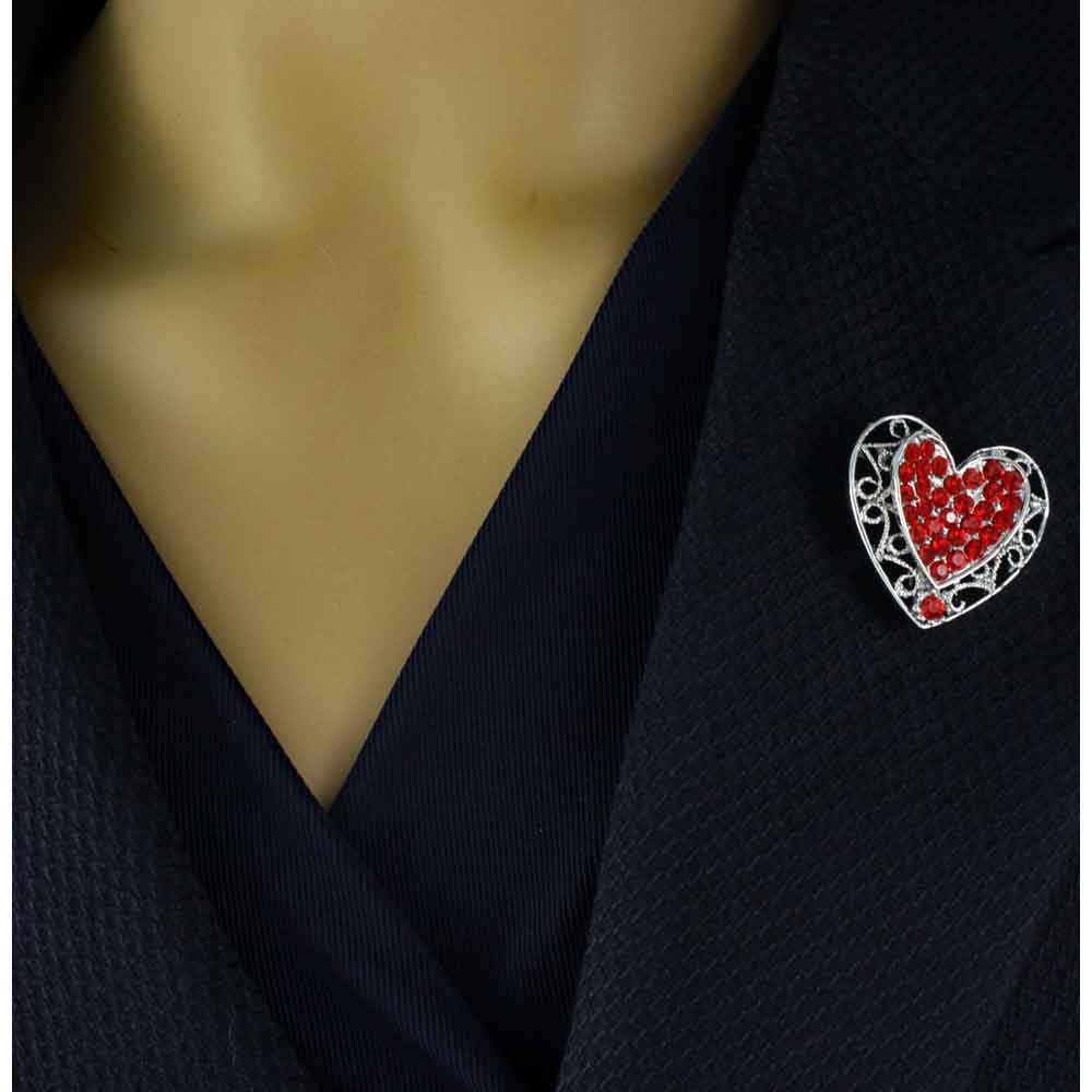 Silver Filigree Heart with Red Crystals Brooch Pin - PRH415 - Lilylin Designs