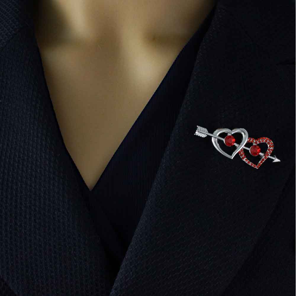 Silver and Red Crystal Hearts with an Arrow Brooch Pin - PRH503 - Lilylin Designs