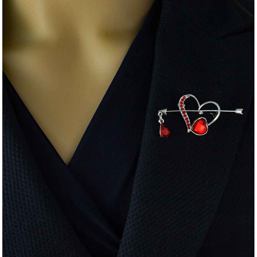 Heart with Red Crystal Bleeding Arrow Brooch Pin - PRH906 - Lilylin Designs