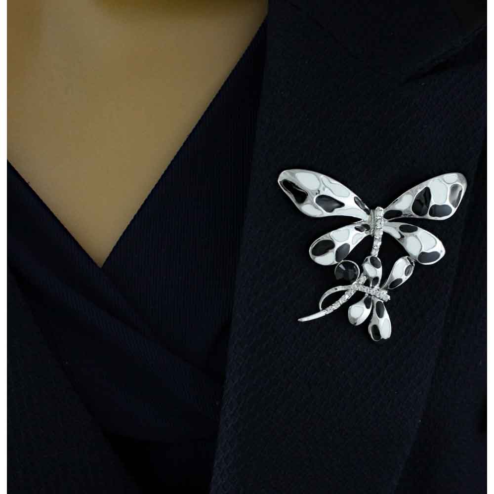 Black and White Double Dragonflies Brooch Pin - PRI078E - Lilylin Designs