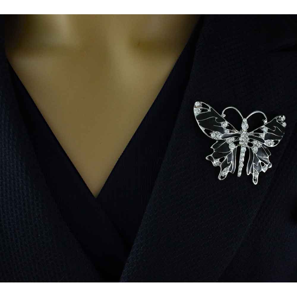 Black Enamel Butterfly Brooch Pin with Clear Crystals - PRI081F - Lilylin Designs