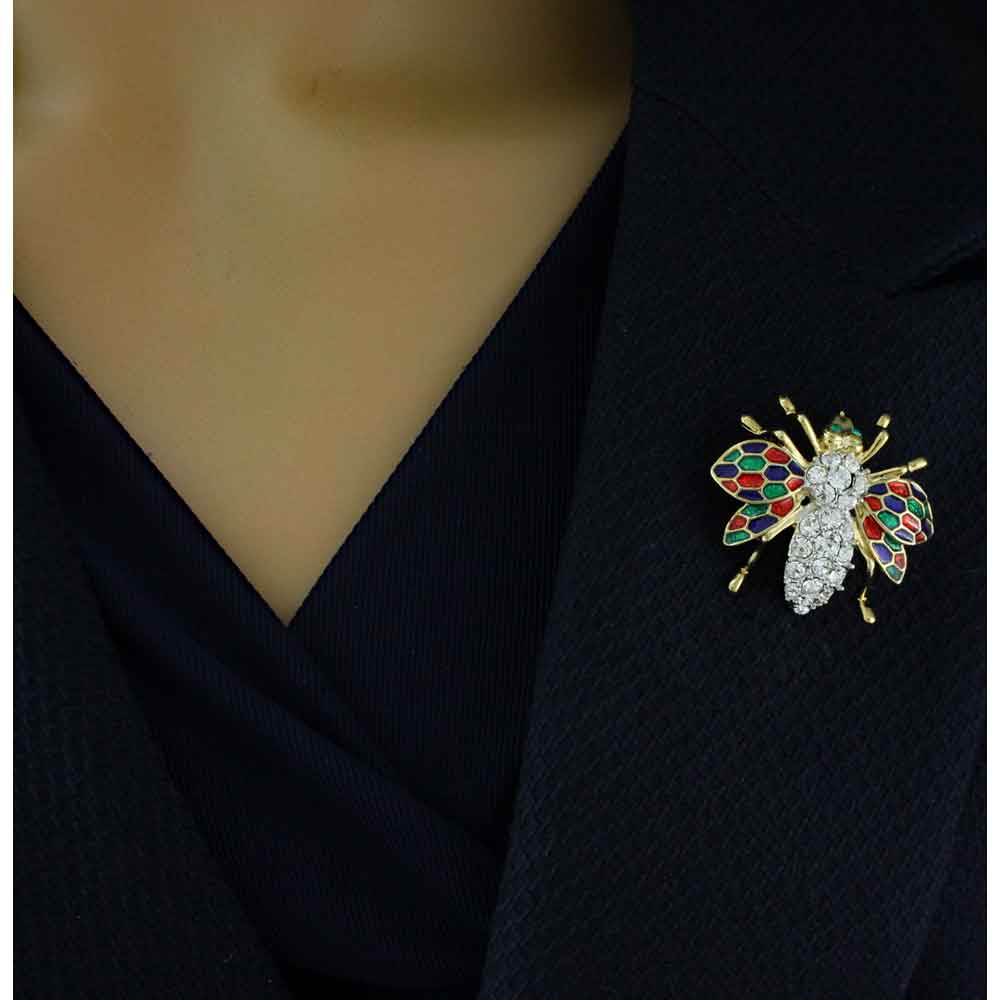 Crystal Fly with Colorful Enamel Wings Brooch Pin - PRI171 - Lilylin Designs