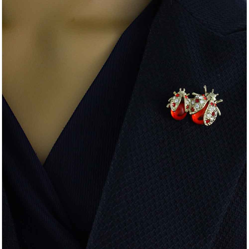 Red Crystal Mom and Baby Ladybugs Brooch Pin - PRI270S - Lilylin Designs