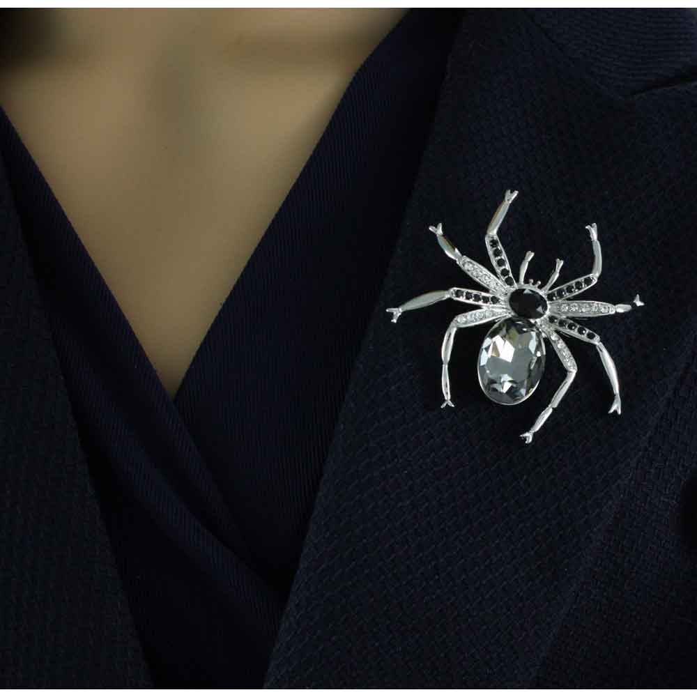 Silver - tone with Black Diamond Crystal Spider Brooch Pin - PRI302 - Lilylin Designs