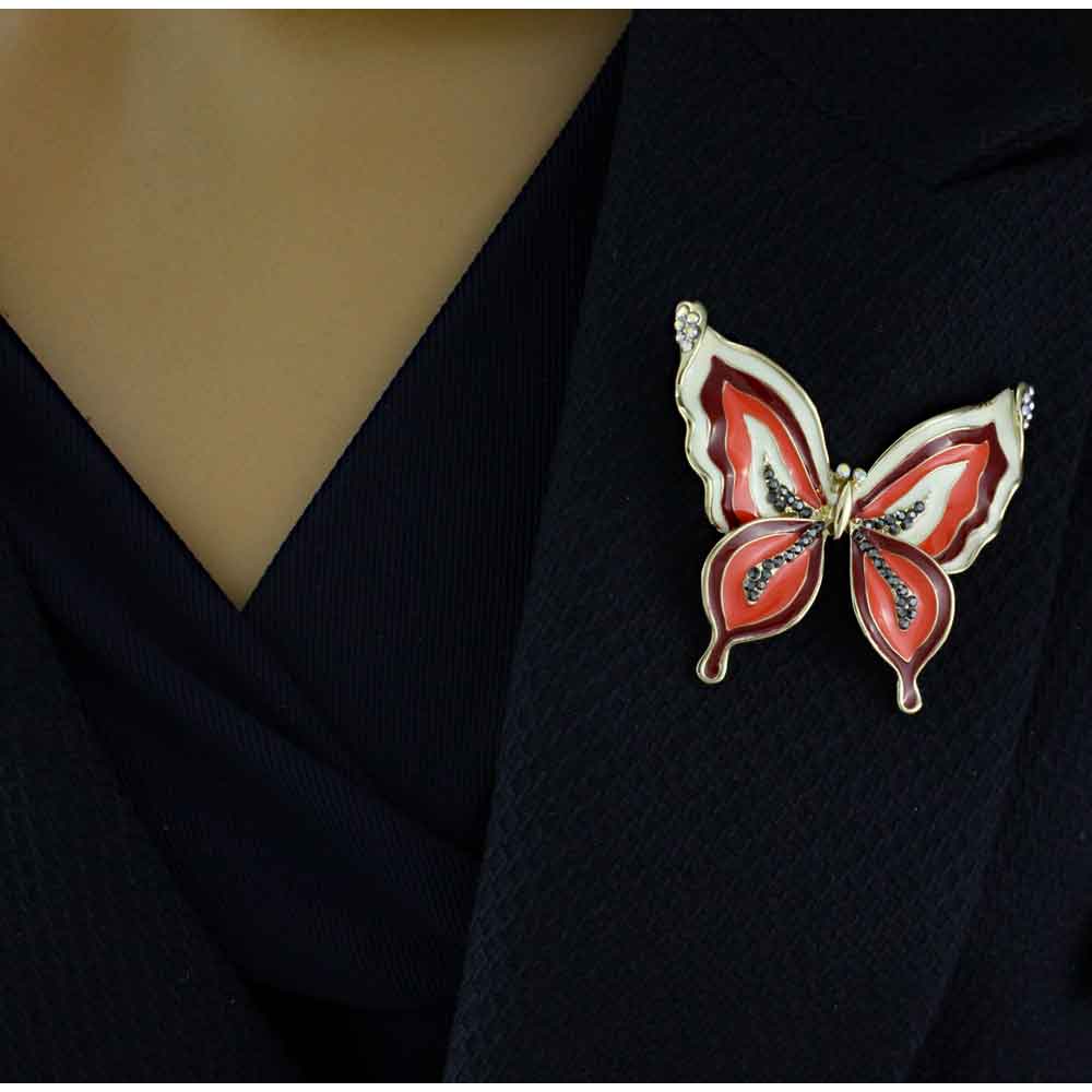 Orange Enamel Butterfly with Crystals Brooch Pin - PRI481A - Lilylin Designs