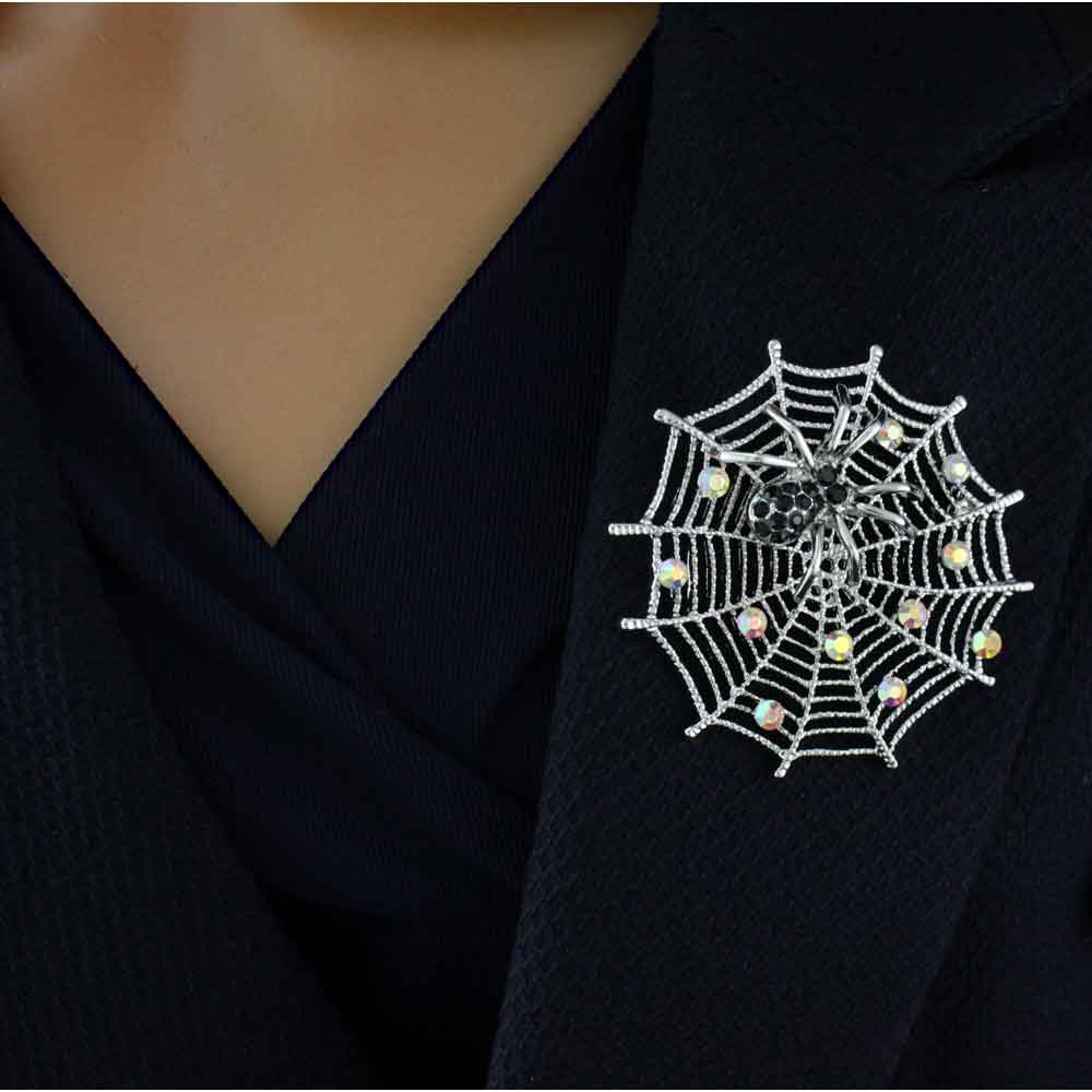 Silver - tone Web with Black Crystal Spider Brooch Pin - PRI602 - Lilylin Designs