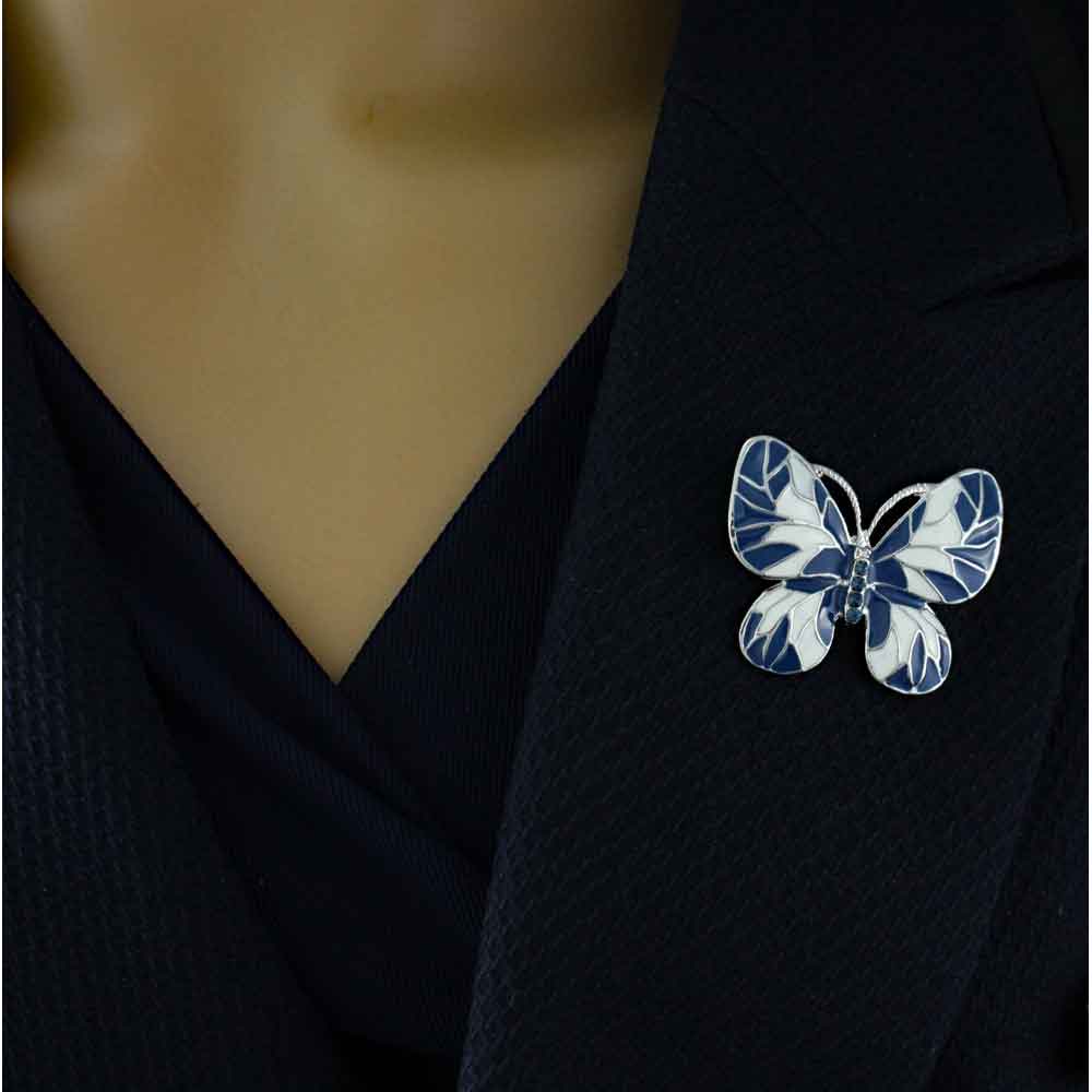 Blue and White Enamel Crystal Butterfly Brooch Pin - PRI881Q - Lilylin Designs