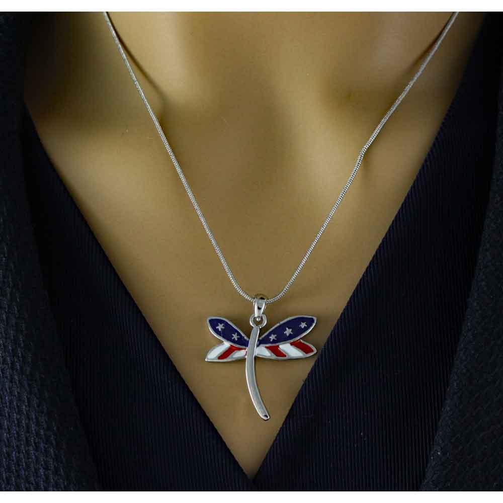 Red White and Blue Dragonfly Pendant with Chain - PRI978APS - Lilylin Designs