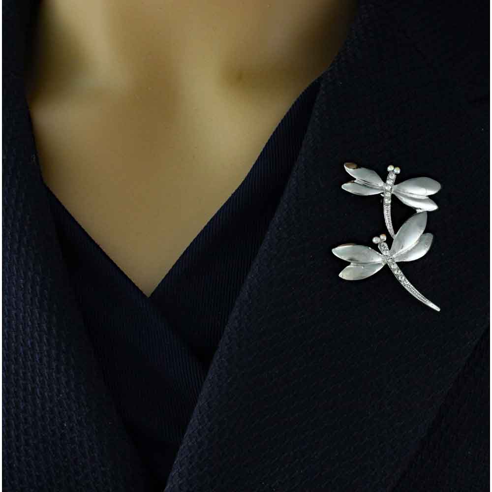 Silver Crystal Double Dragonflies Brooch Pin - PRI978D - Lilylin Designs