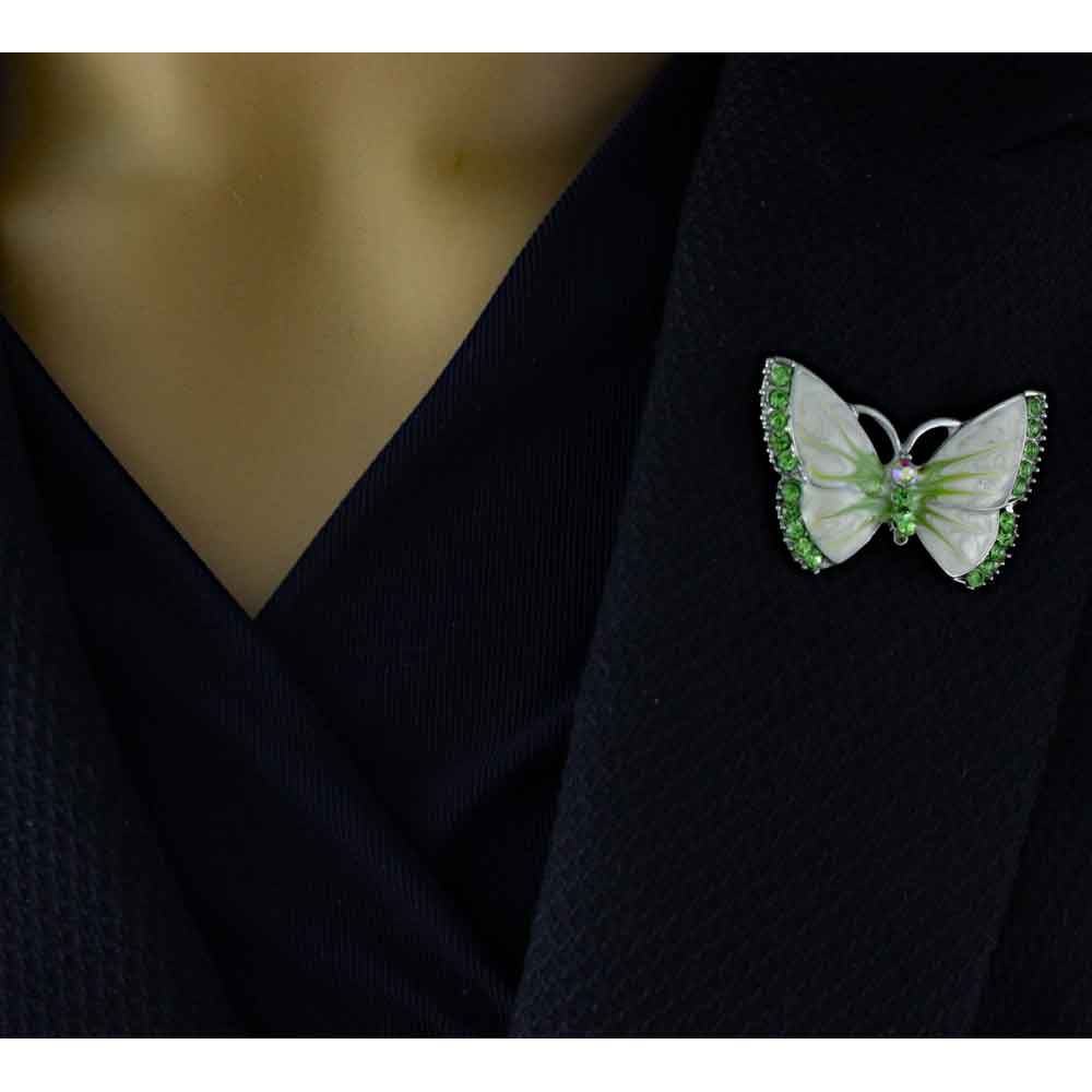 Pearlized Enamel with Green Crystals Butterfly Brooch Pin - PRI981N - Lilylin Designs