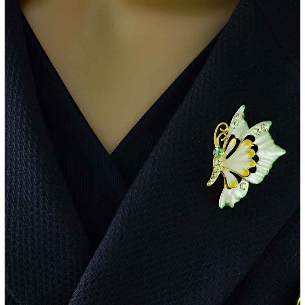 Yellow and Green Crystal Profile Butterfly Brooch Pin - PRI981V - Lilylin Designs