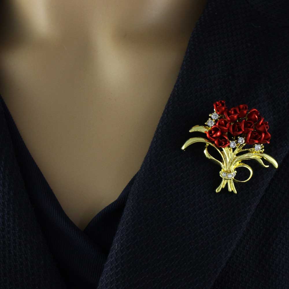 Dozen Red Roses Bouquet with Crystals Flower Brooch Pin - PRL005 - Lilylin Designs