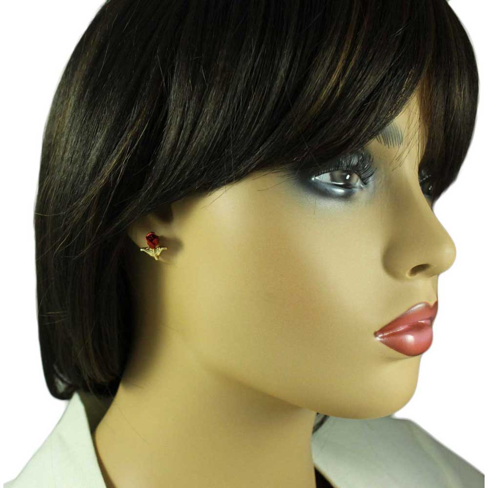 Red Rose Bud with Gold Stem Stud Pierced Earring - PRL005E - Lilylin Designs