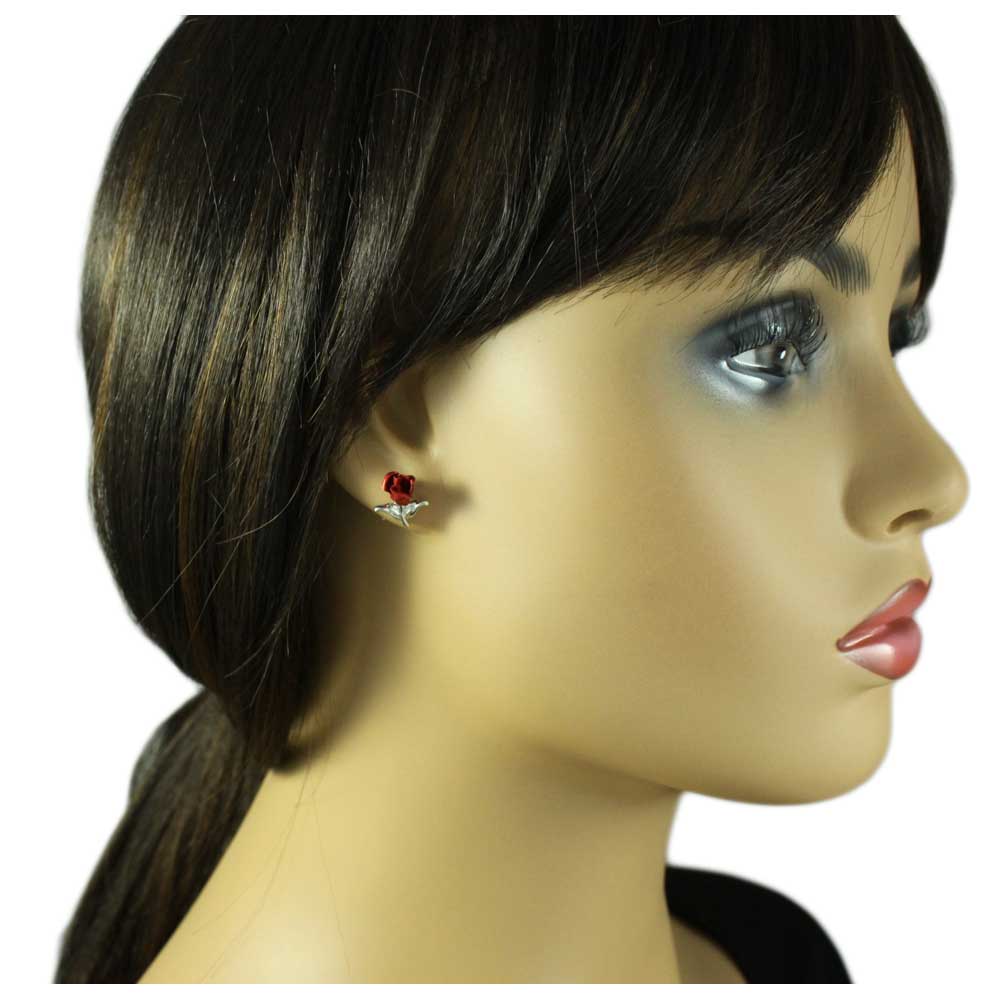 Red Rose Bud with Silver Leaves Stud Pierced Earring - PRL005SE - Lilylin Designs