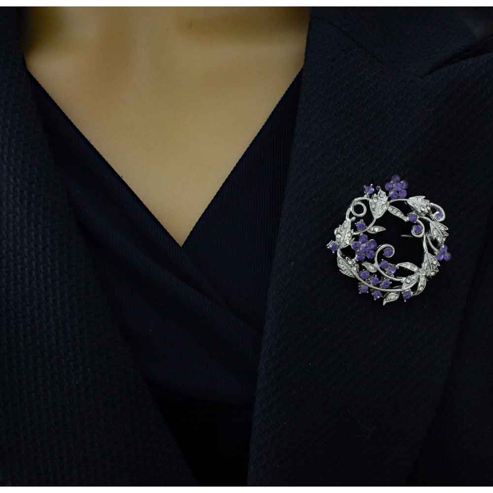 Model wearing Purple Crystal Wreath Brooch Pin | Lilylin Designs