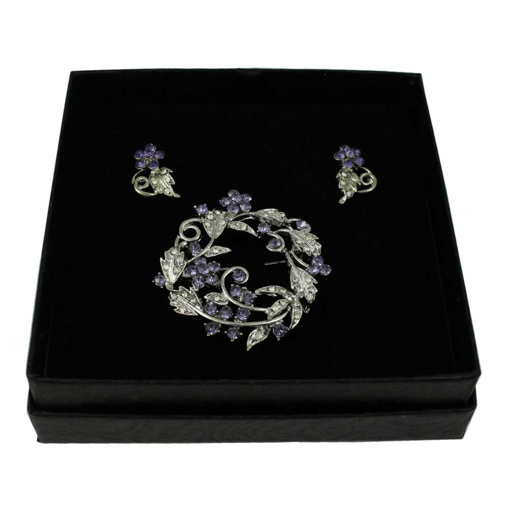 Purple Crystal Wreath Brooch Pin and Daisy Earring Set - PRL029BS - Lilylin Designs