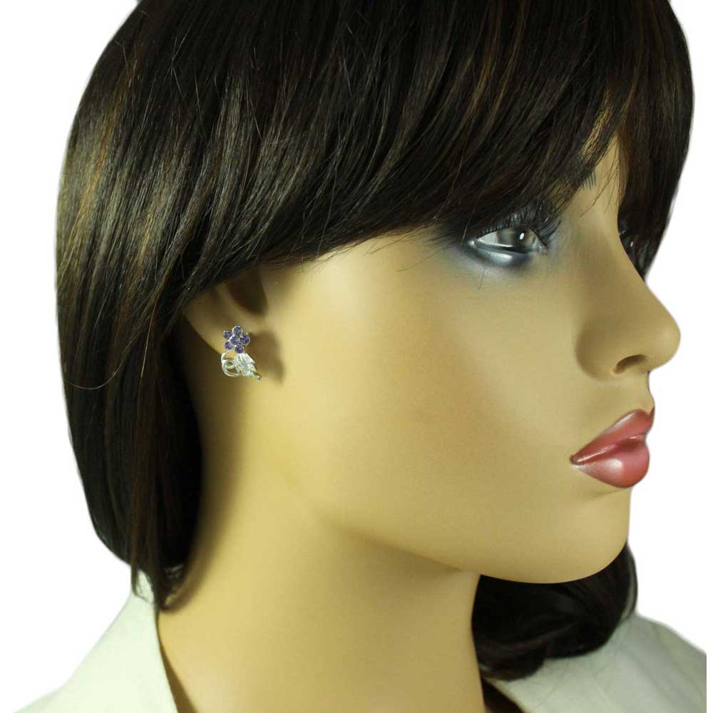 Purple Crystal Daisy with Silver Leaves Pierced Earring - PRL029E - Lilylin Designs
