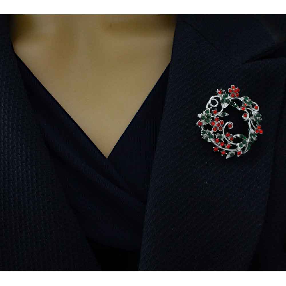 Model wearing Floral Christmas Wreath Pin and Earring Boxed Set | Lilylin Designs