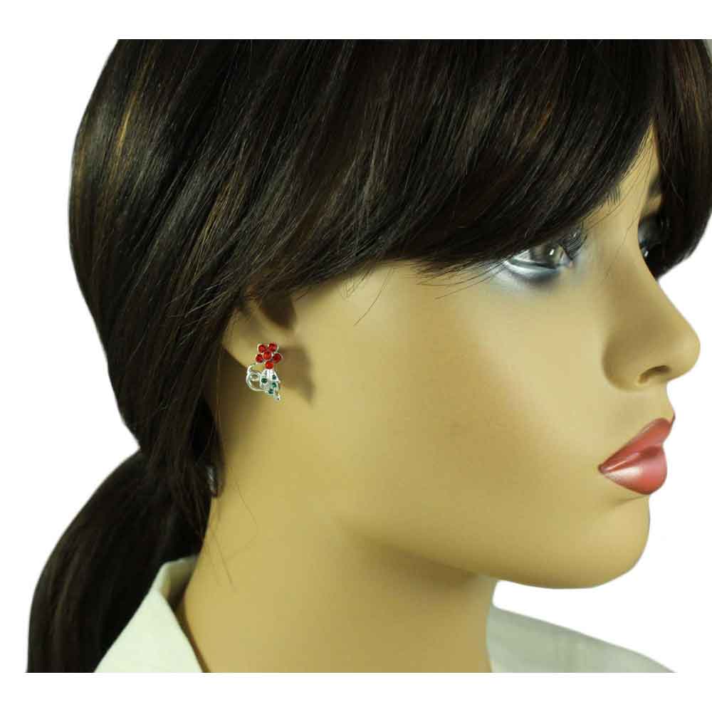 Red Crystal Daisy with Green Leaf Pierced Earring - PRL029XE - Lilylin Designs