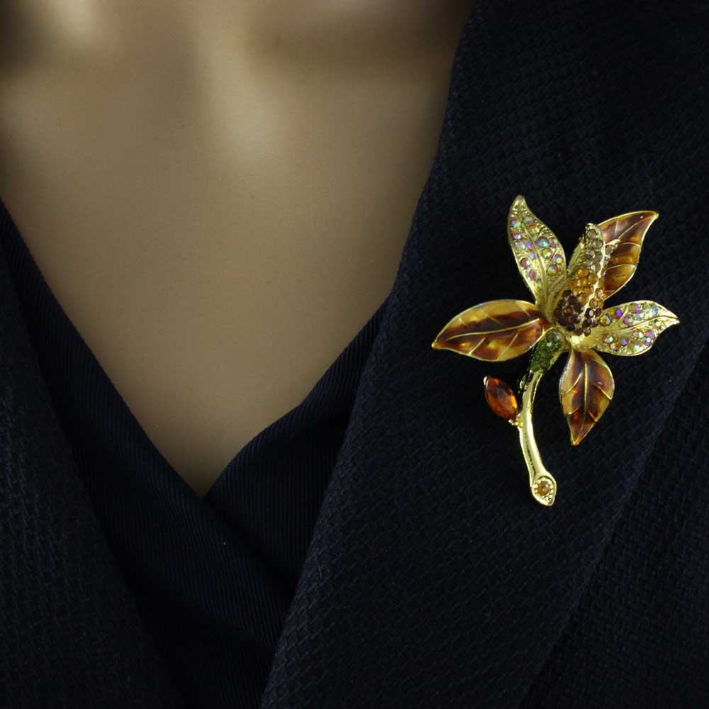 Brown Enamel Crystal Tulip Flower Brooch Pin - PRL038 - Lilylin Designs