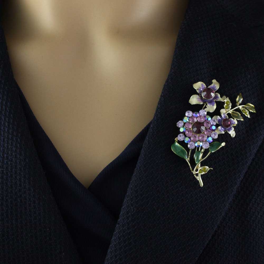 Cream and Purple Enamel and Crystal Flowers Brooch Pin - PRL040 - Lilylin Designs