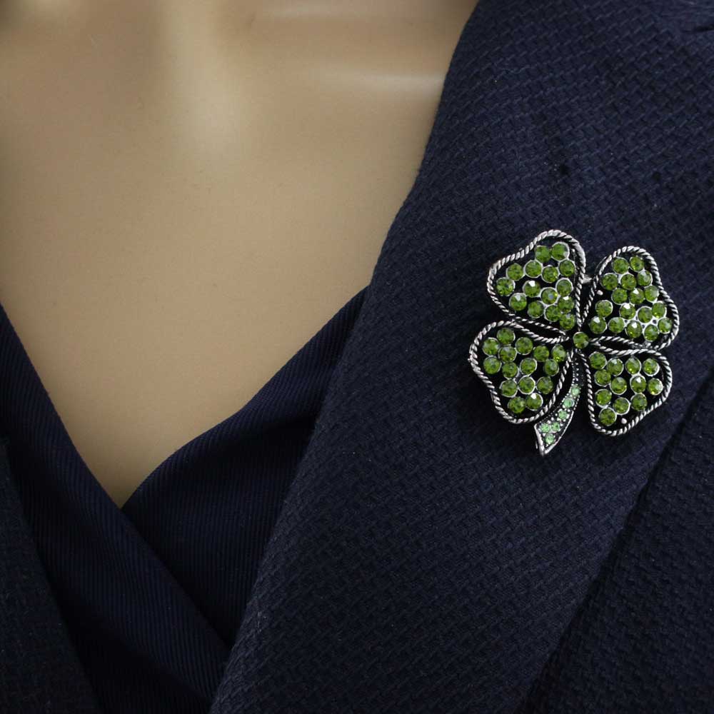 Antique Light Olive Green Crystal 4 Leaf Clover Brooch Pin - PRL044 - Lilylin Designs