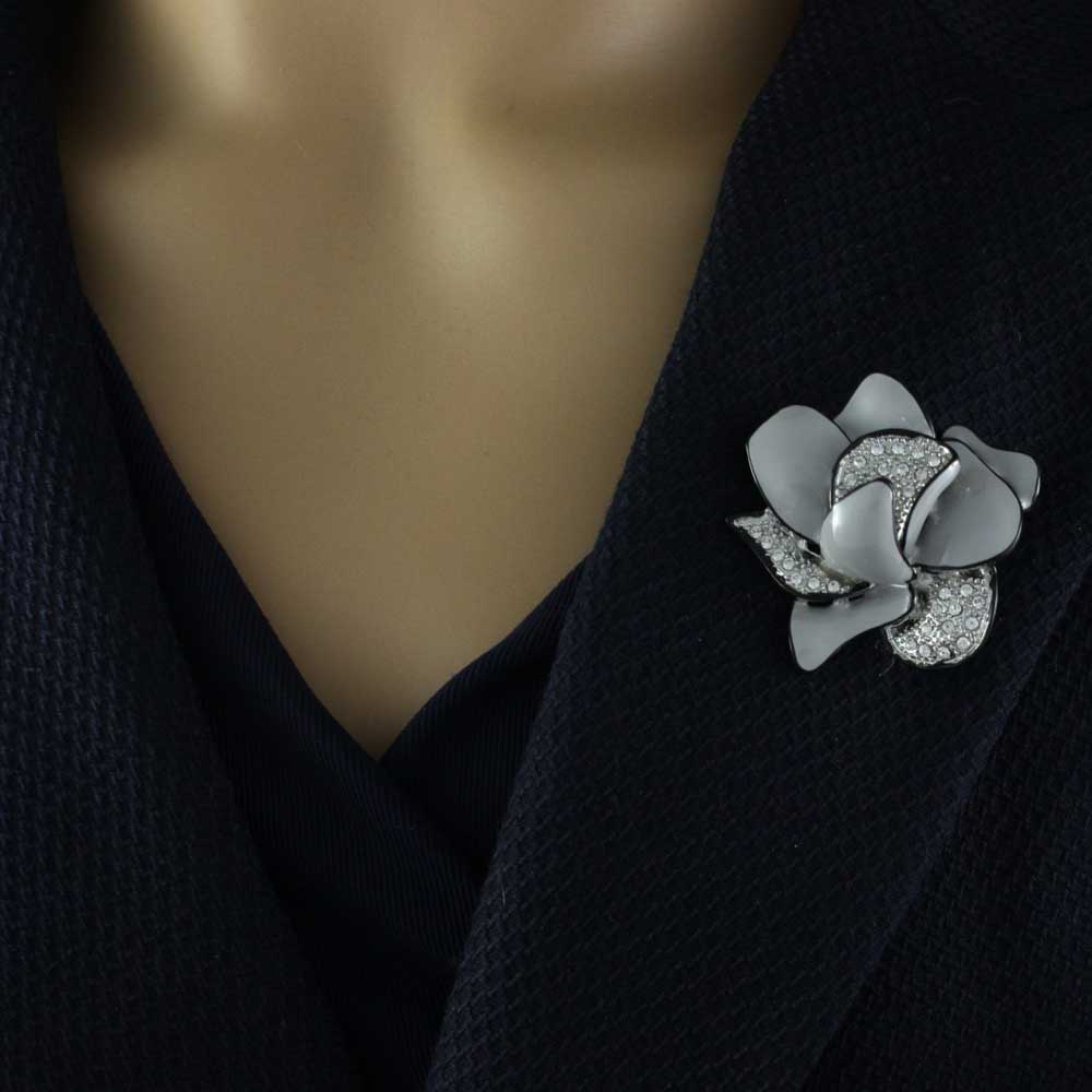 Gray Enamel Crystal Flower Trimmed in Black Brooch Pin - PRL055 - Lilylin Designs