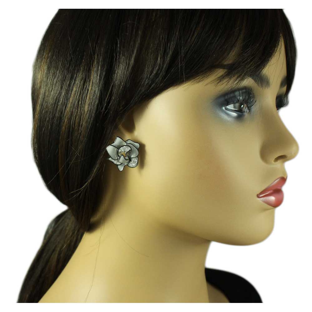 Gray and Black with Crystals Flower Pierced Earring - PRL055E - Lilylin Designs