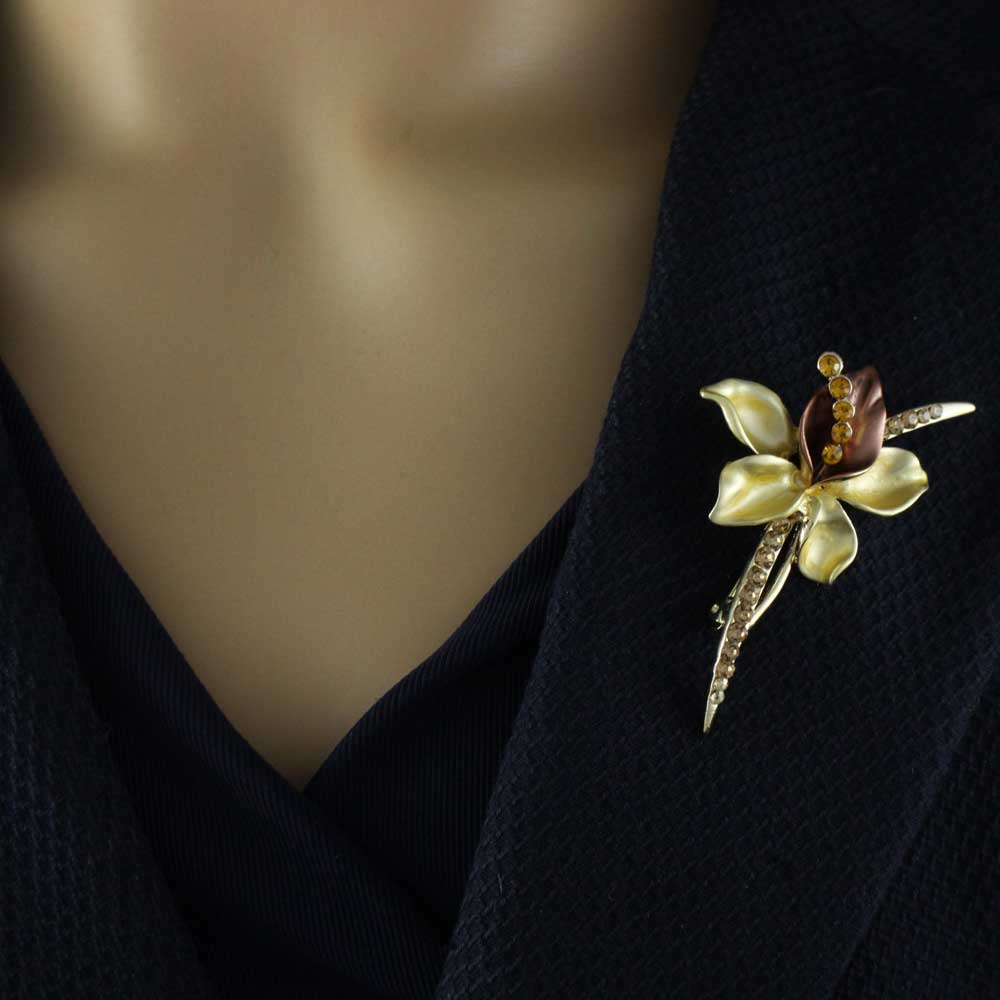Brown and Gold Crystal Long Stem Flower Brooch Pin - PRL067 - Lilylin Designs