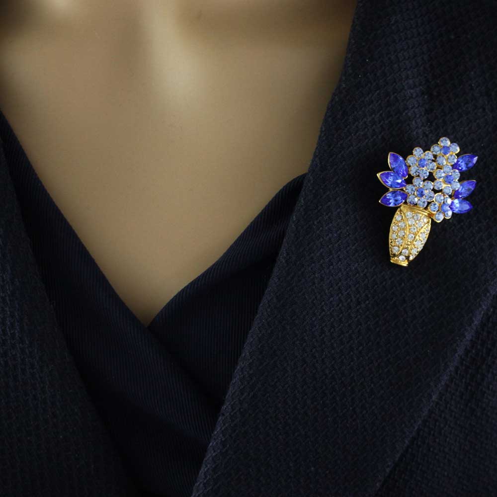 Gold Vase with Blue Crystal Daisies Flower Brooch Pin - PRL105AG - Lilylin Designs