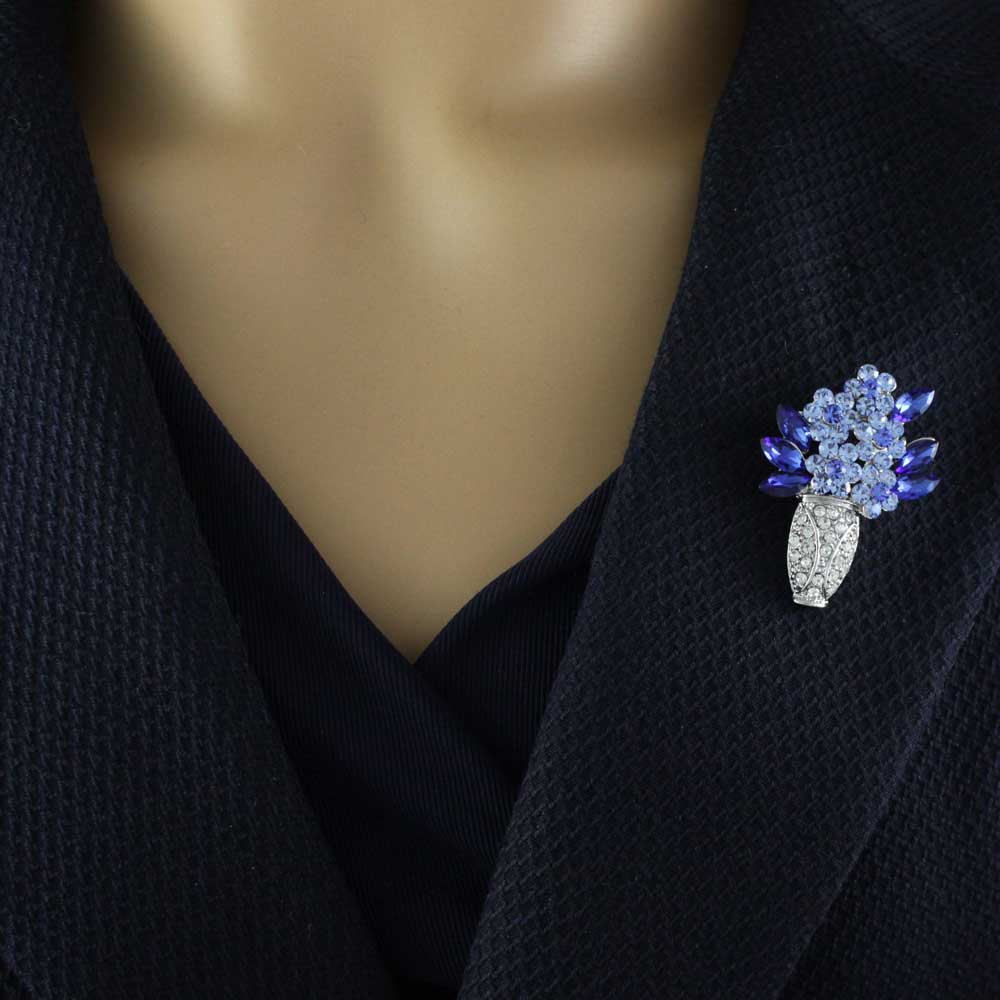 Silver Vase with Blue Crystal Daisies Flower Brooch Pin - PRL105AS - Lilylin Designs