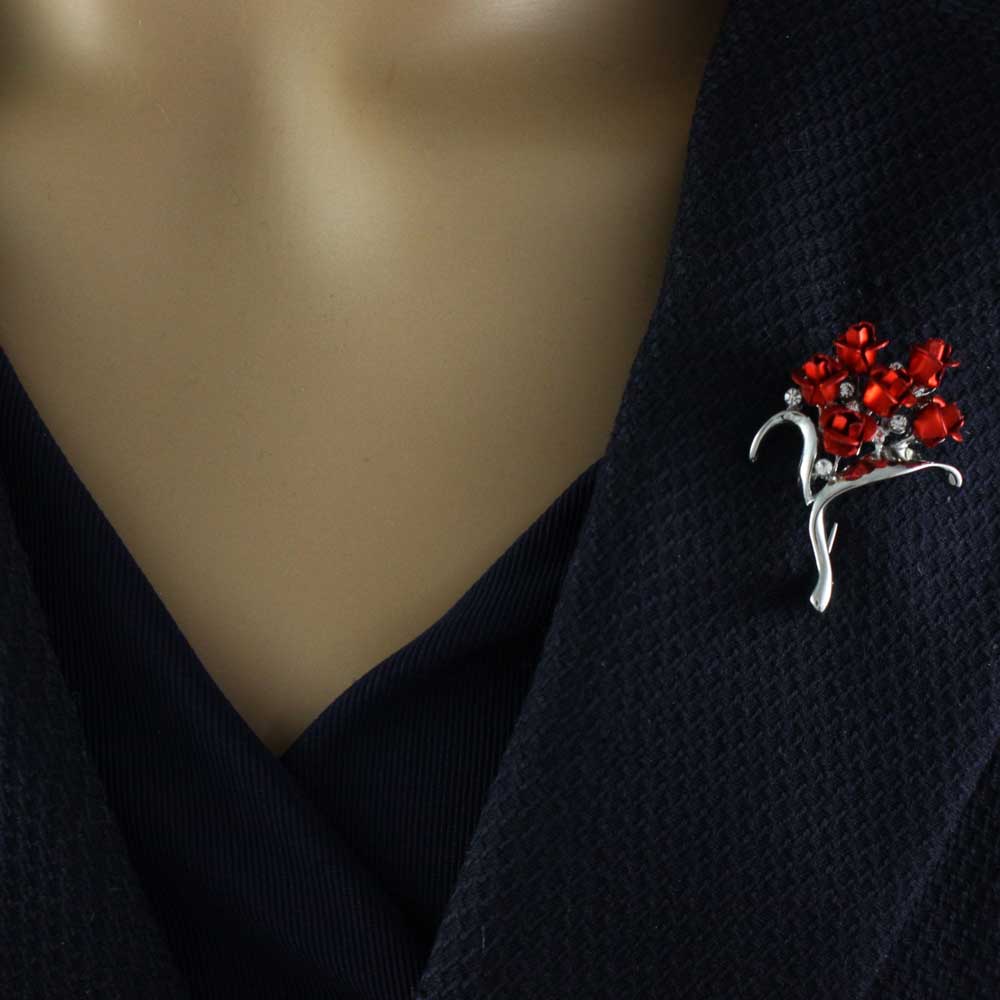Bouquet of 6 Red Rose Buds with Crystals Flower Pin - PRL105SP - Lilylin Designs