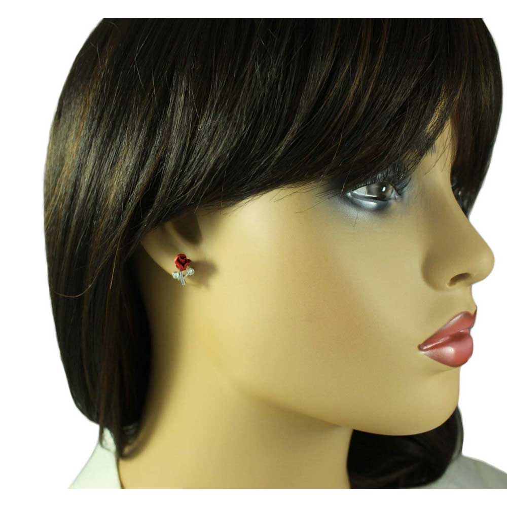 Red Rose Bud with Crystal Pierced Earring - PRL105SE - Lilylin Designs