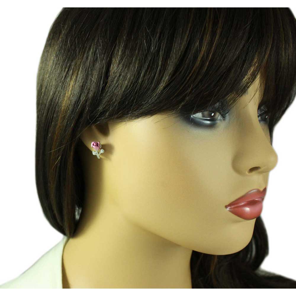 Lavender Rose Bud with Crystal Pierced Earring - PRL105SEP - Lilylin Designs