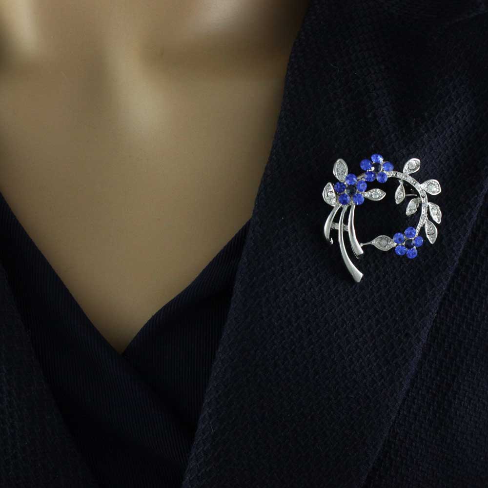 Branch with Blue Crystal Daisies and Leaves Brooch Pin - PRL123BL - Lilylin Designs