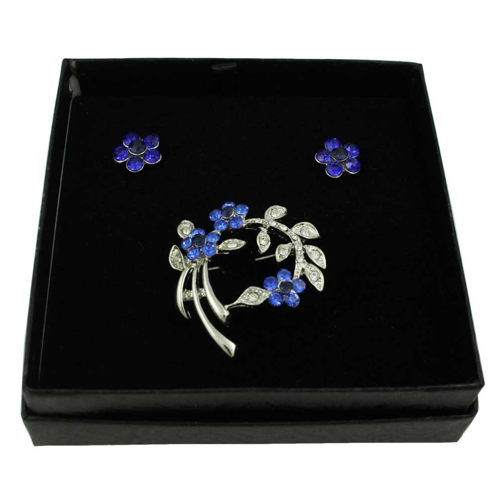Lilylin Designs Royal Blue Crystal Daisies Brooch Pin with Earring Set