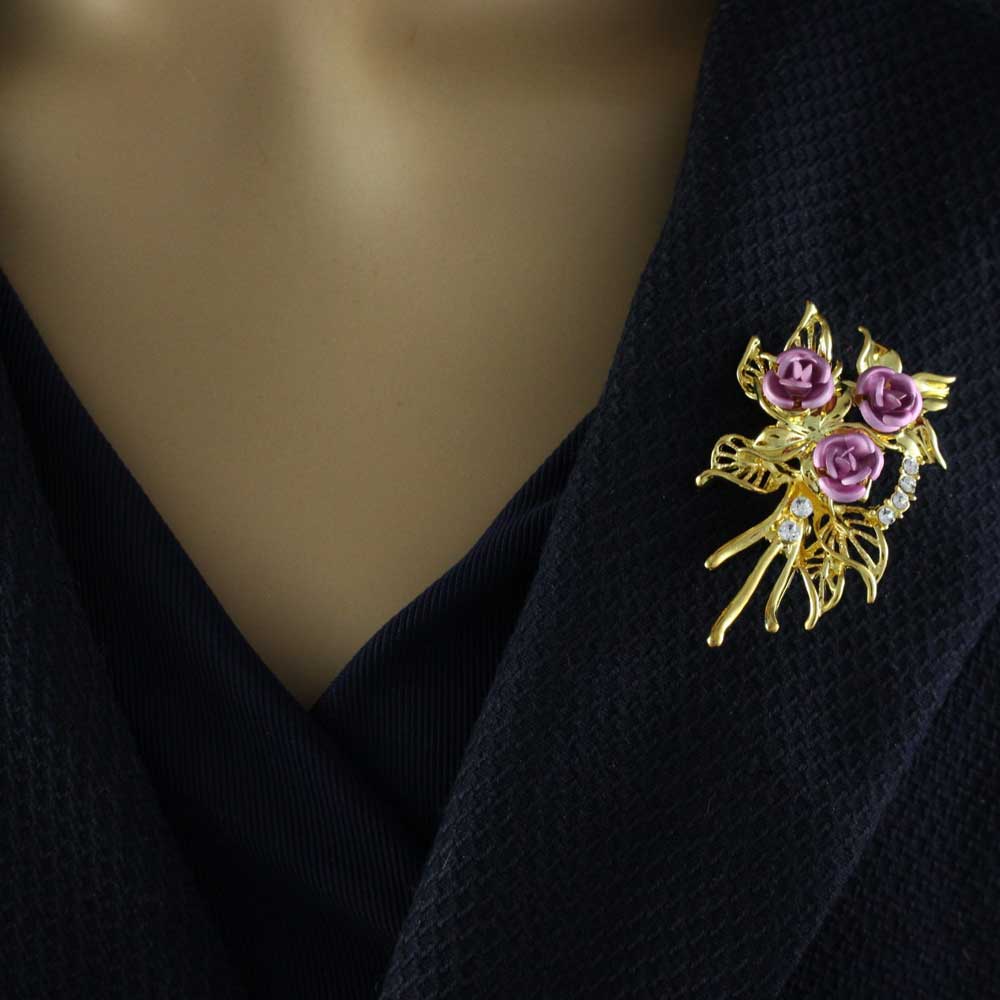 Gold Leaves with 3 Pink Roses Flower Brooch Pin - PRL130KP - Lilylin Designs