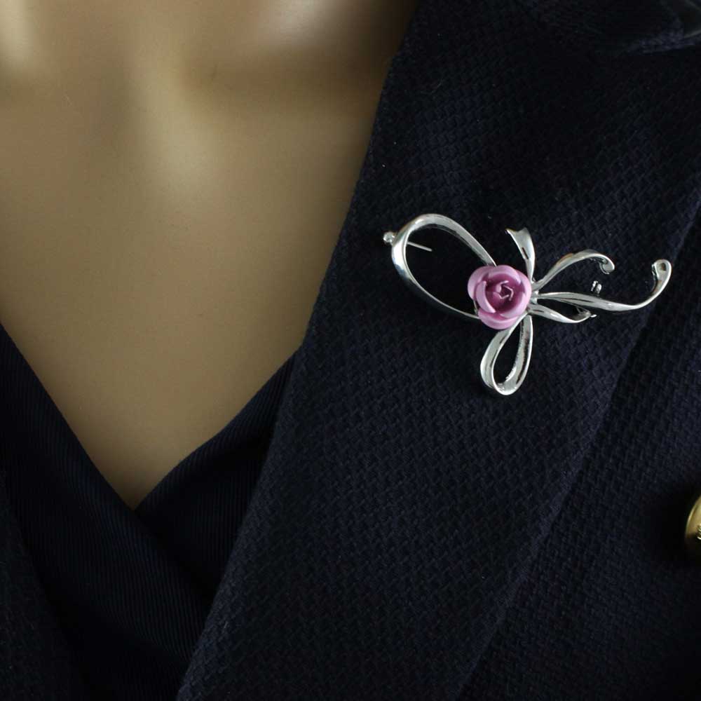 Bow with Pink Rose Pin and Pink Rose Stud Earring Set - PRL132BS - Lilylin Designs