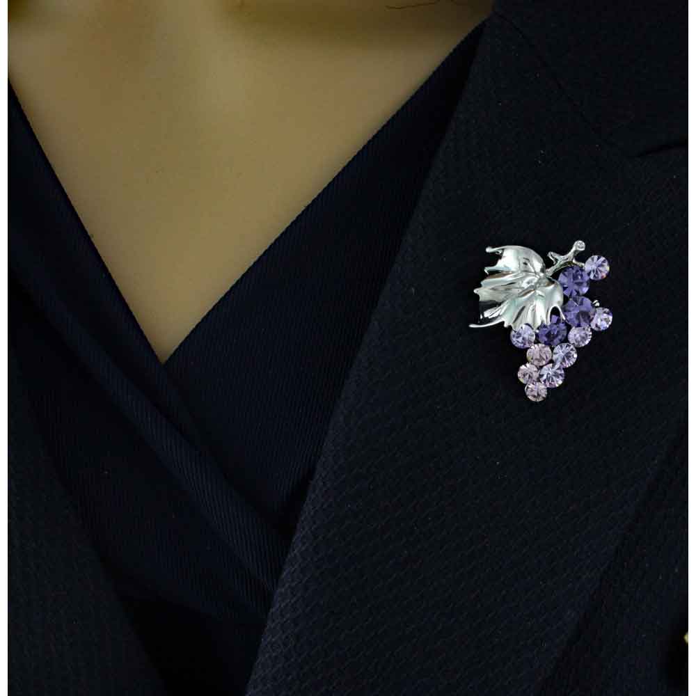 Purple Crystal Grapes with Silver Leaf Brooch Pin - PRL169 - Lilylin Designs