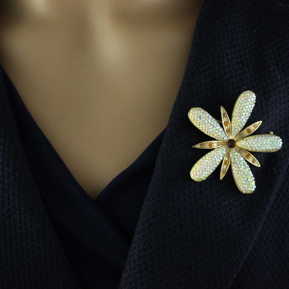 Large Aurora Borealis Acrylic with Topaz Crystals Flower Pin - PRL175 - Lilylin Designs