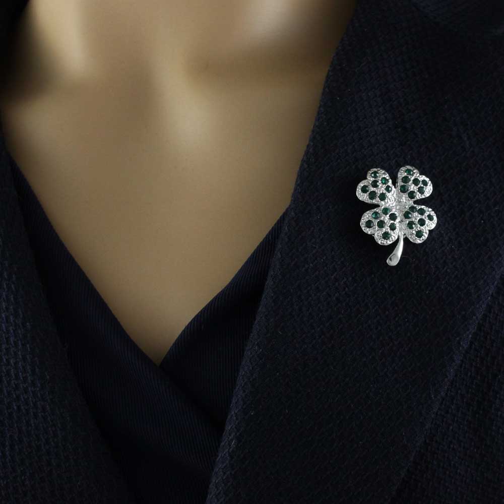 Small Dark Green Crystal Lucky 4 Leaf Clover Brooch Pin - PRL209 - Lilylin Designs