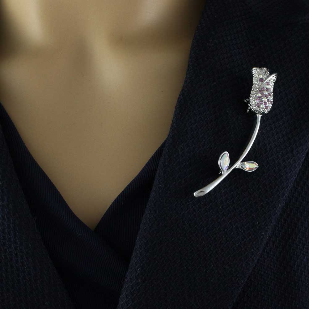 Purple Crystal Long Stem Rose Bud Brooch Pin - PRL306 - Lilylin Designs