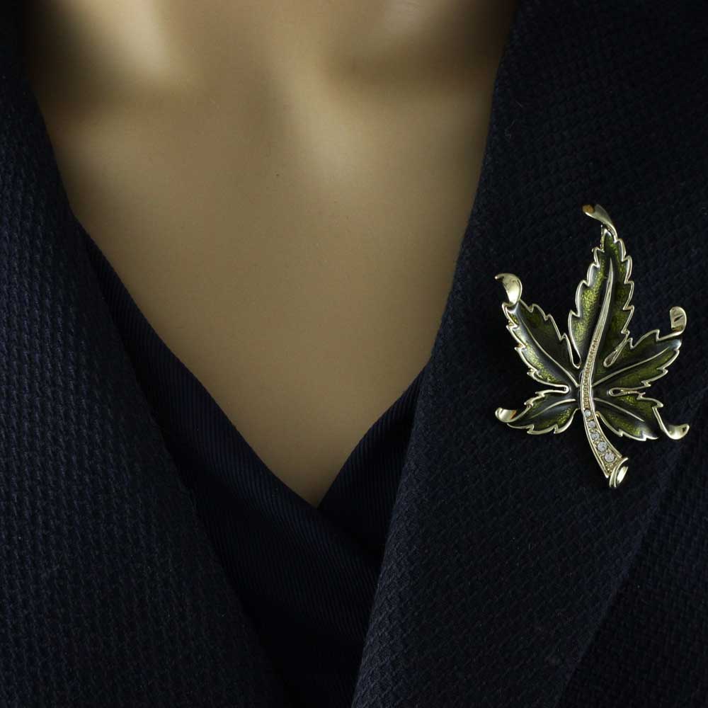 Olive Green Enamel and Crystal Maple Leaf Brooch Pin - PRL340 - Lilylin Designs