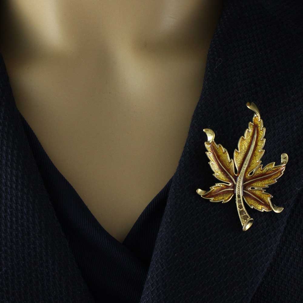 Brown Enamel and Crystal Maple Leaf Brooch Pin - PRL340F - Lilylin Designs