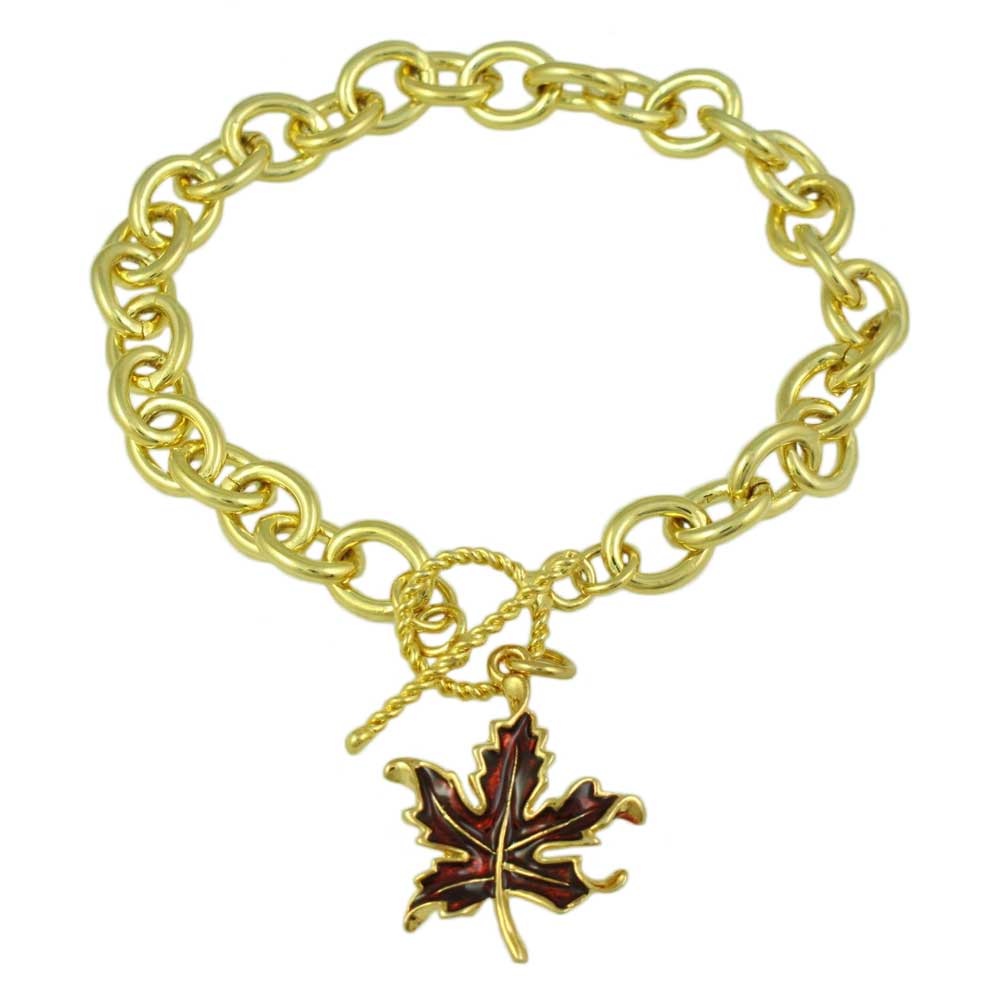 Gold - tone Link Bracelet with Enamel Maple Leaf Charm - PRL341BB - Lilylin Designs