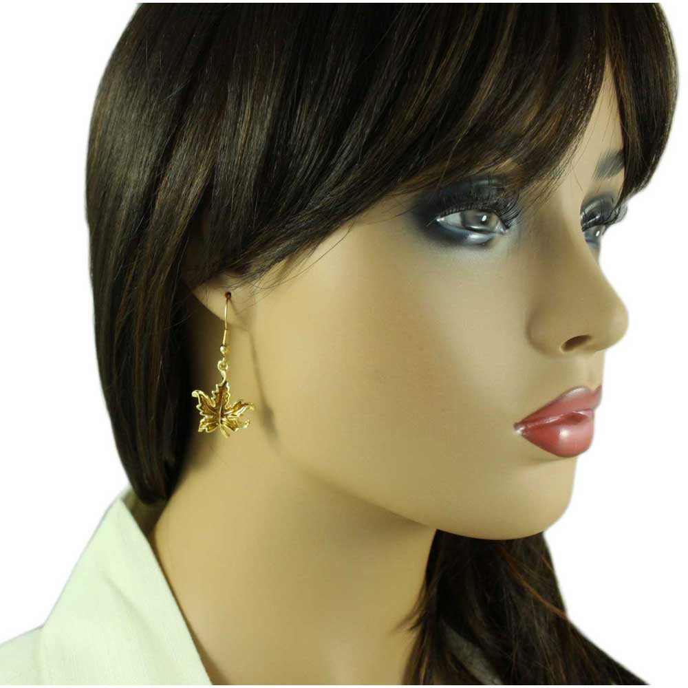 Gold Enamel Maple Leaf Dangling Pierced Earring - PRL341E - Lilylin Designs