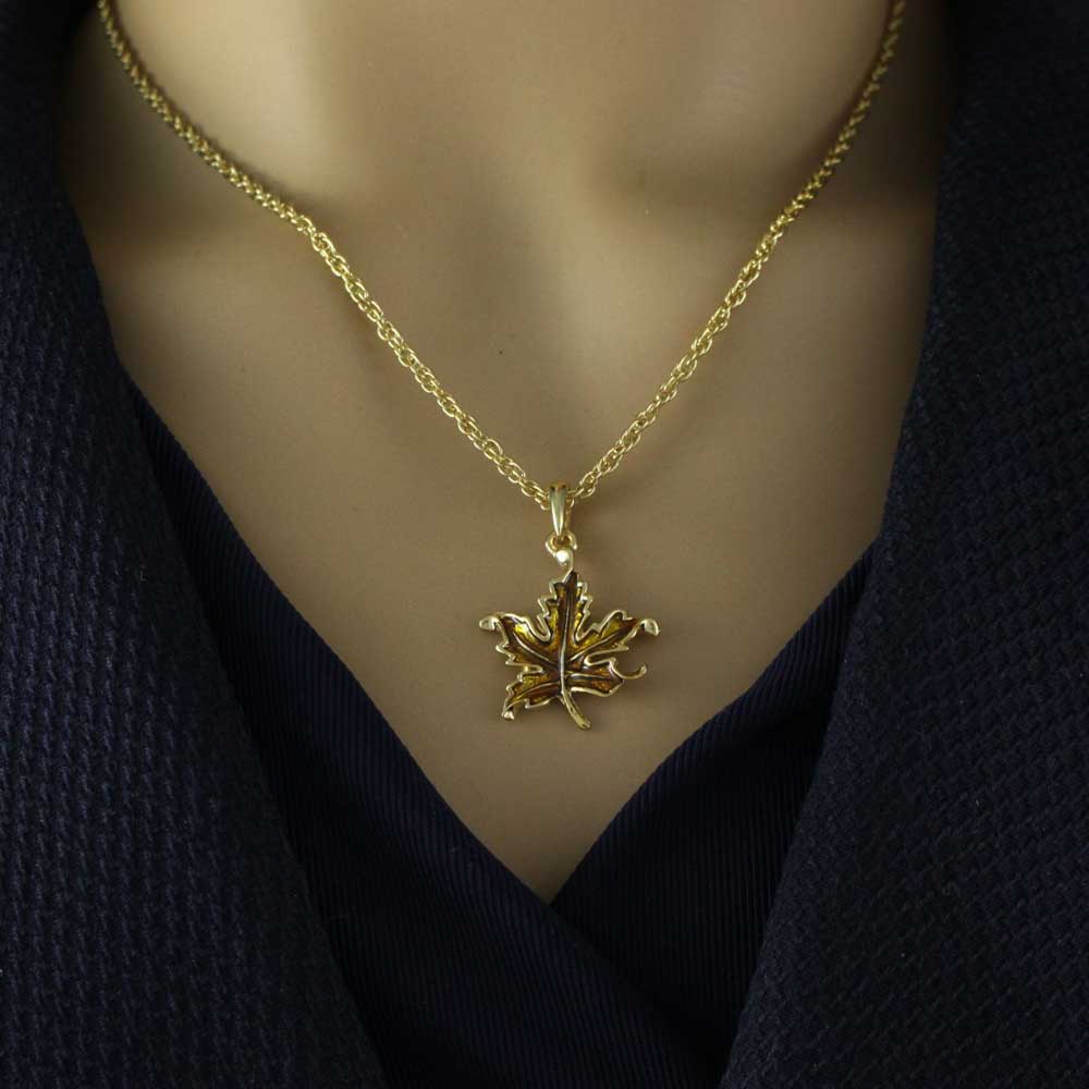 Gold Enamel Maple Leaf Pendant on Gold - tone Chain - PRL341N - Lilylin Designs