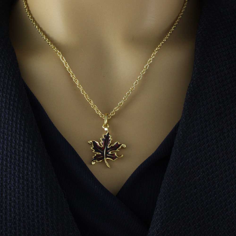 Burgundy Maple Leaf Pendant on Gold Chain - PRL341NB - Lilylin Designs