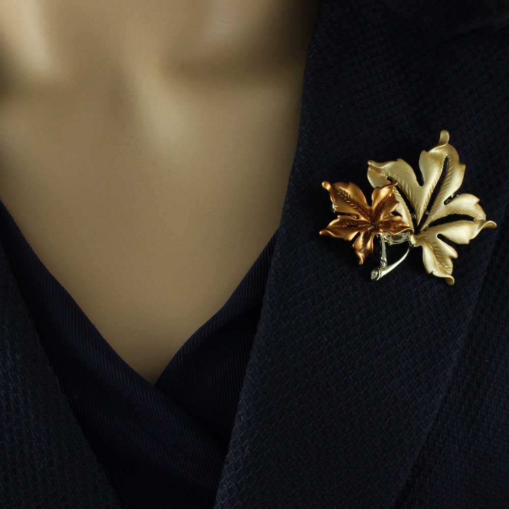 Brown and Matte Gold Maple Leaves Brooch Pin - PRL342 - Lilylin Designs